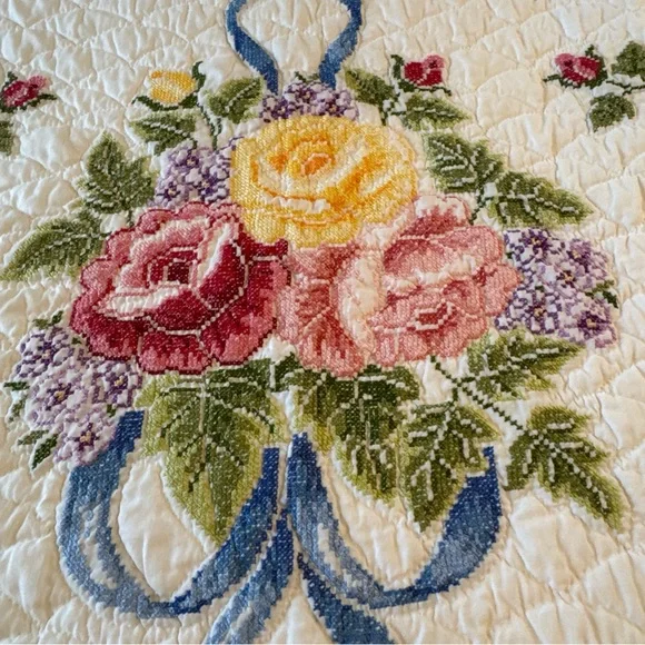 Vintage Quilt Embroidered Handsewn Cross Stitch Bedspread Flowers Ribbons 84x84” - Picture 9 of 13